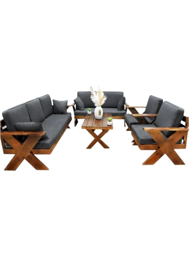 Mardod Saudi European Natural Wood Outdoor Seating Set consisting of Triple sofa  + Twin sofa  + 2 Chairs + Coffee Table - Gray Color - XIW153 - Image 3